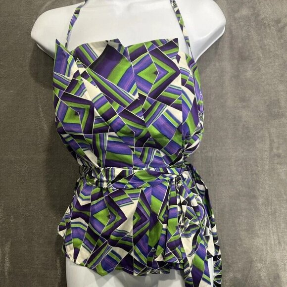 Bebe Silk Halter Top Sz M Y2K Multicolor Bandana Tie Waist Pleated Corset Glam - Picture 2 of 9